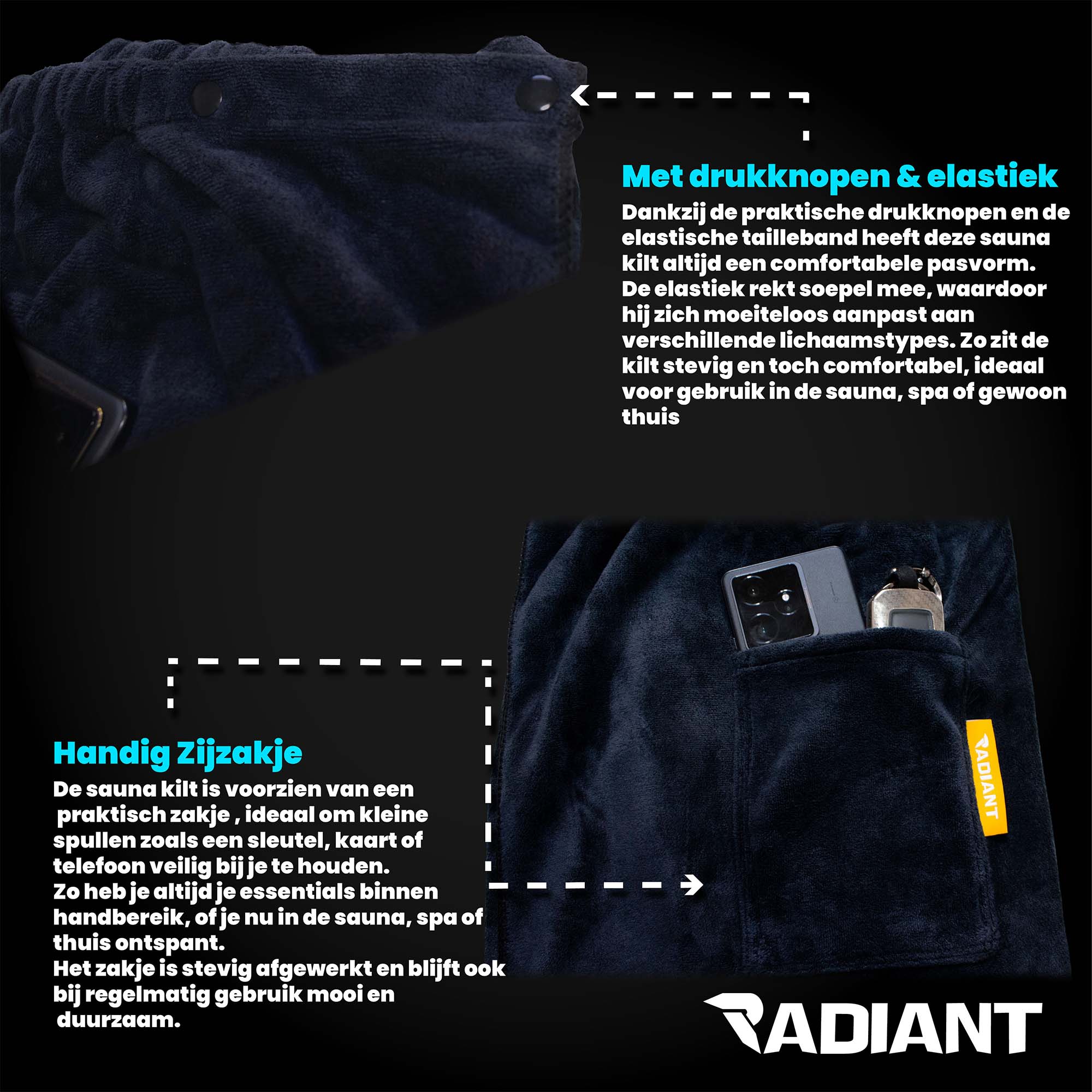 Radiant Sauna Kilt Heren - 70 x 140 cm - Zwart/Grijs - Afbeelding 2