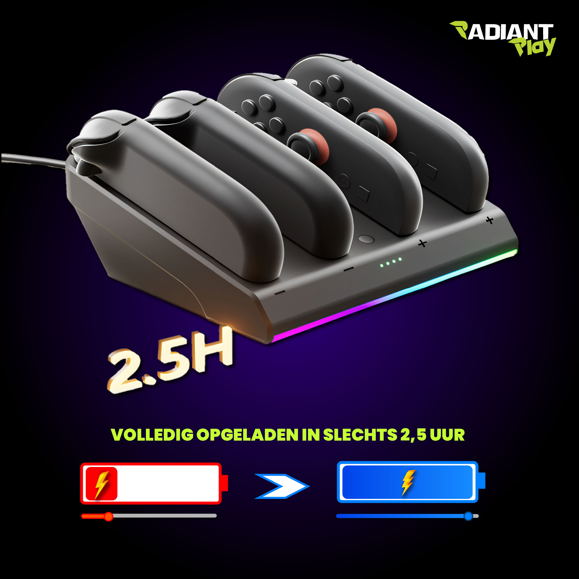 Radiant Play Joy-Con Oplaadstation voor Nintendo Switch 2 met RGB-Verlichting - Afbeelding 2
