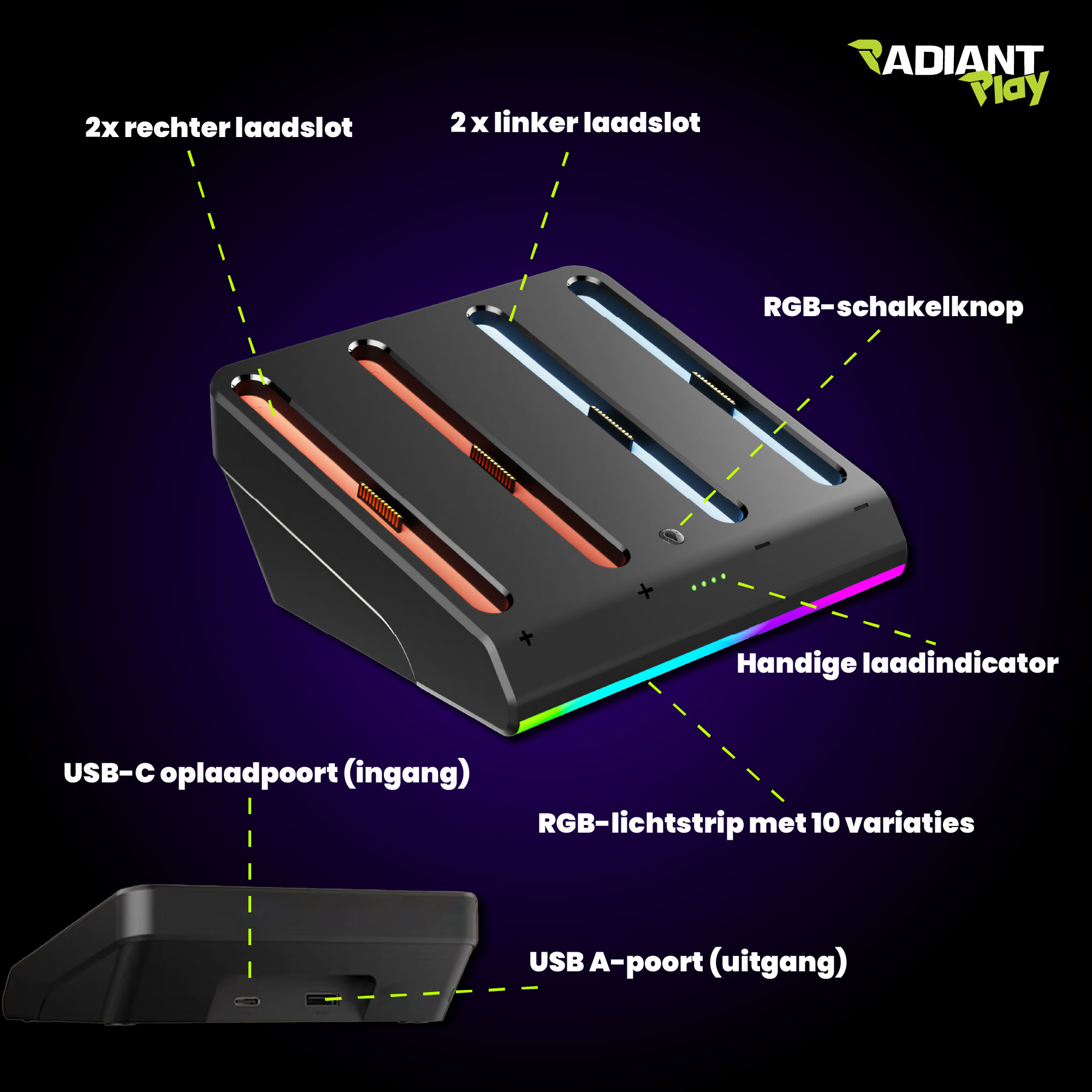 Radiant Play Joy-Con Oplaadstation voor Nintendo Switch 2 met RGB-Verlichting - Afbeelding 4